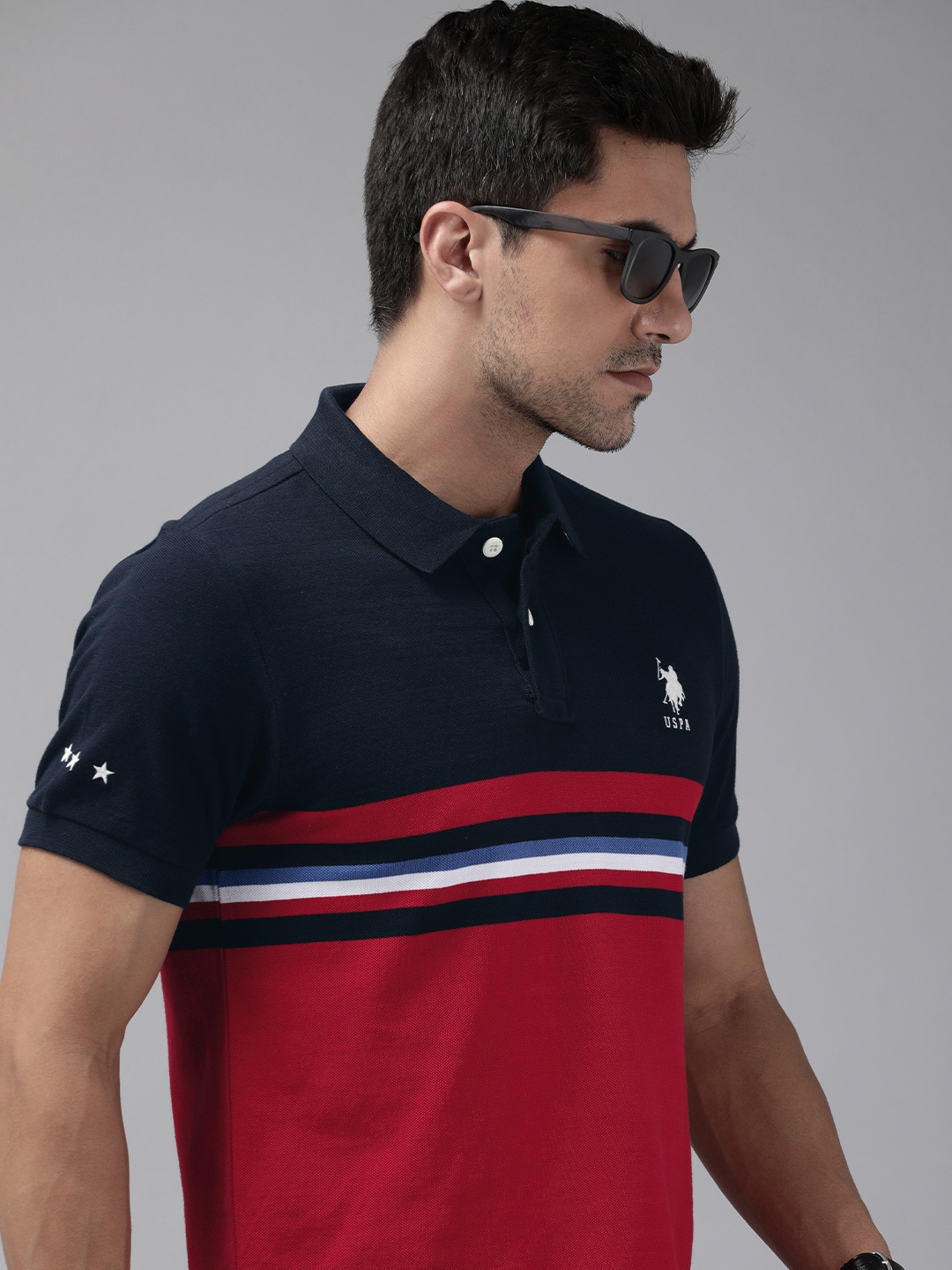 

U.S. Polo Assn. Men Pure Cotton Colourblocked Polo Collar T-shirt, Navy blue