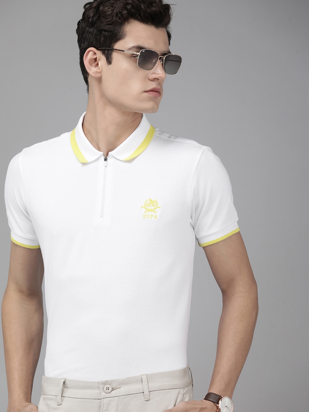 

U.S. Polo Assn. Men White Polo Collar Pure Cotton Slim Fit T-shirt