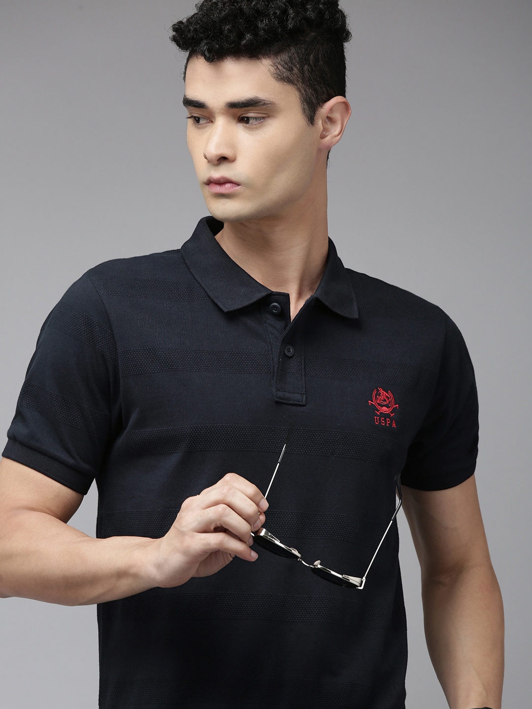 

U S Polo Assn Men Navy Blue Striped Polo Collar Pure Cotton Slim Fit T-shirt