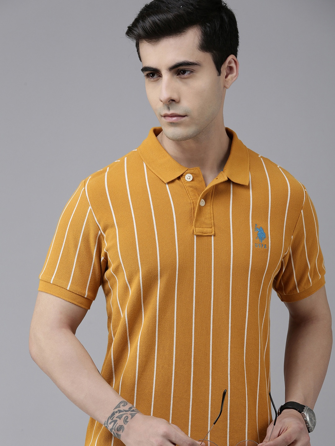 

U S Polo Assn Men Mustard Yellow & White Striped Polo Collar Pure Cotton Slim Fit T-shirt