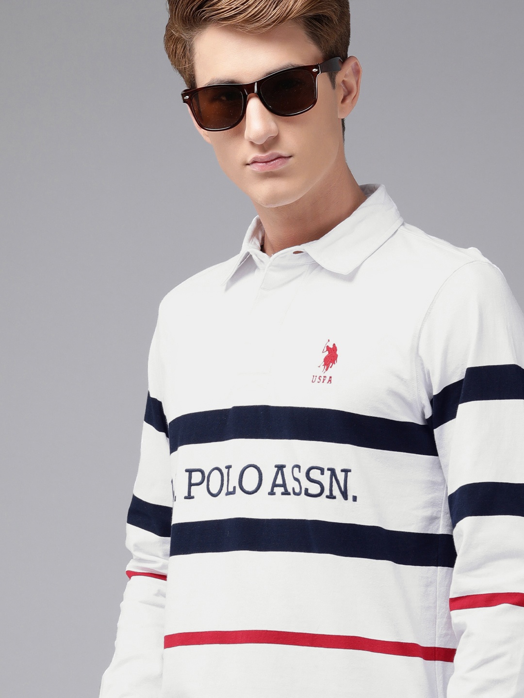 

U S Polo Assn Men White & Navy Blue Striped Polo Collar Pure Cotton Slim Fit T-shirt