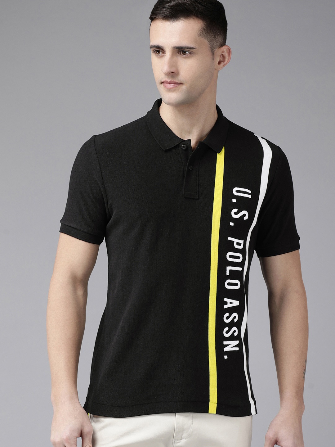 

U.S. Polo Assn. Men Black & White Typography Printed Polo Collar T-shirt