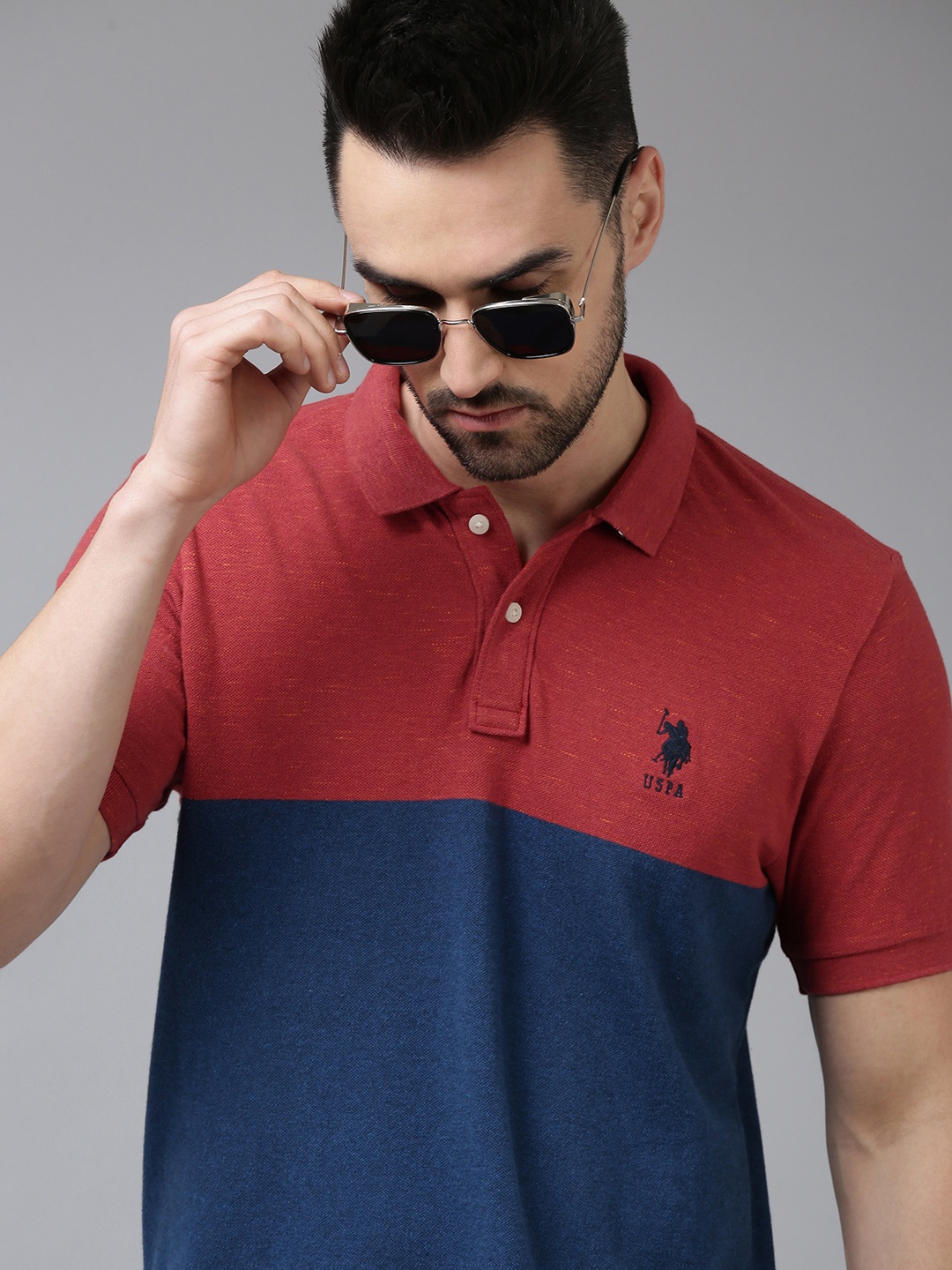

U S Polo Assn Men Red & Blue Colourblocked Polo Collar Pure Cotton Slim Fit T-shirt