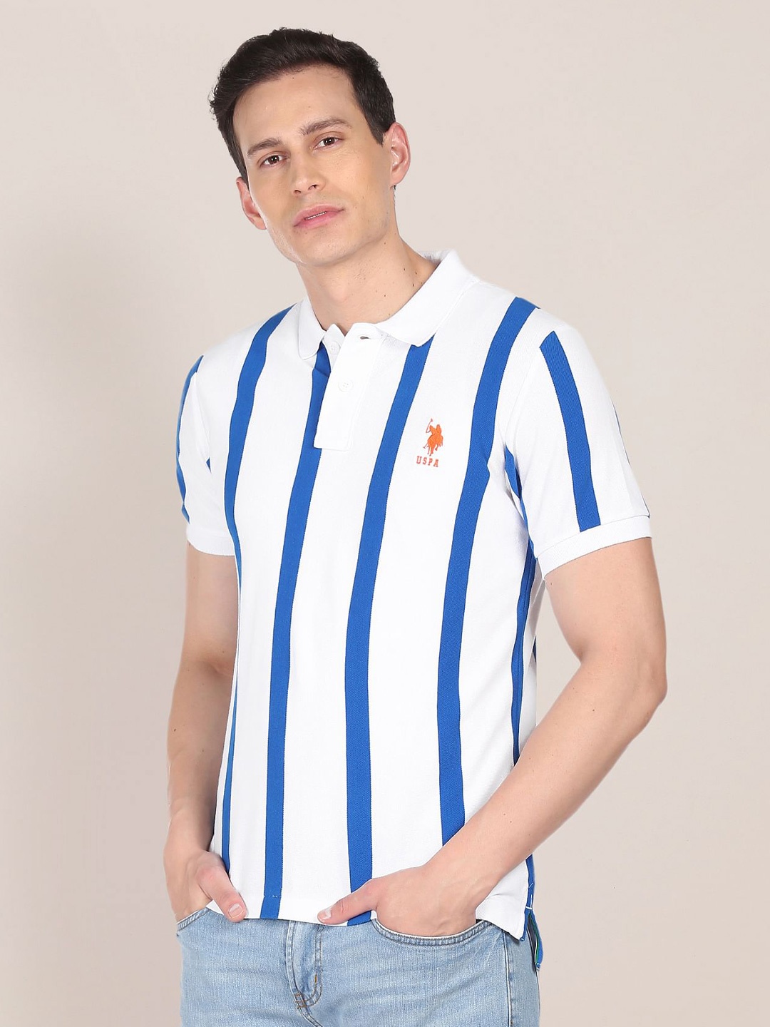 

U S Polo Assn Men Blue & White Striped Polo Collar Pure Cotton Slim Fit T-shirt