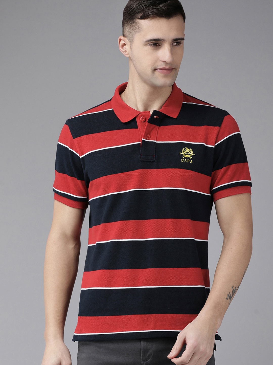 

U.S. Polo Assn. Men Red & Navy Blue Striped Polo Collar T-shirt