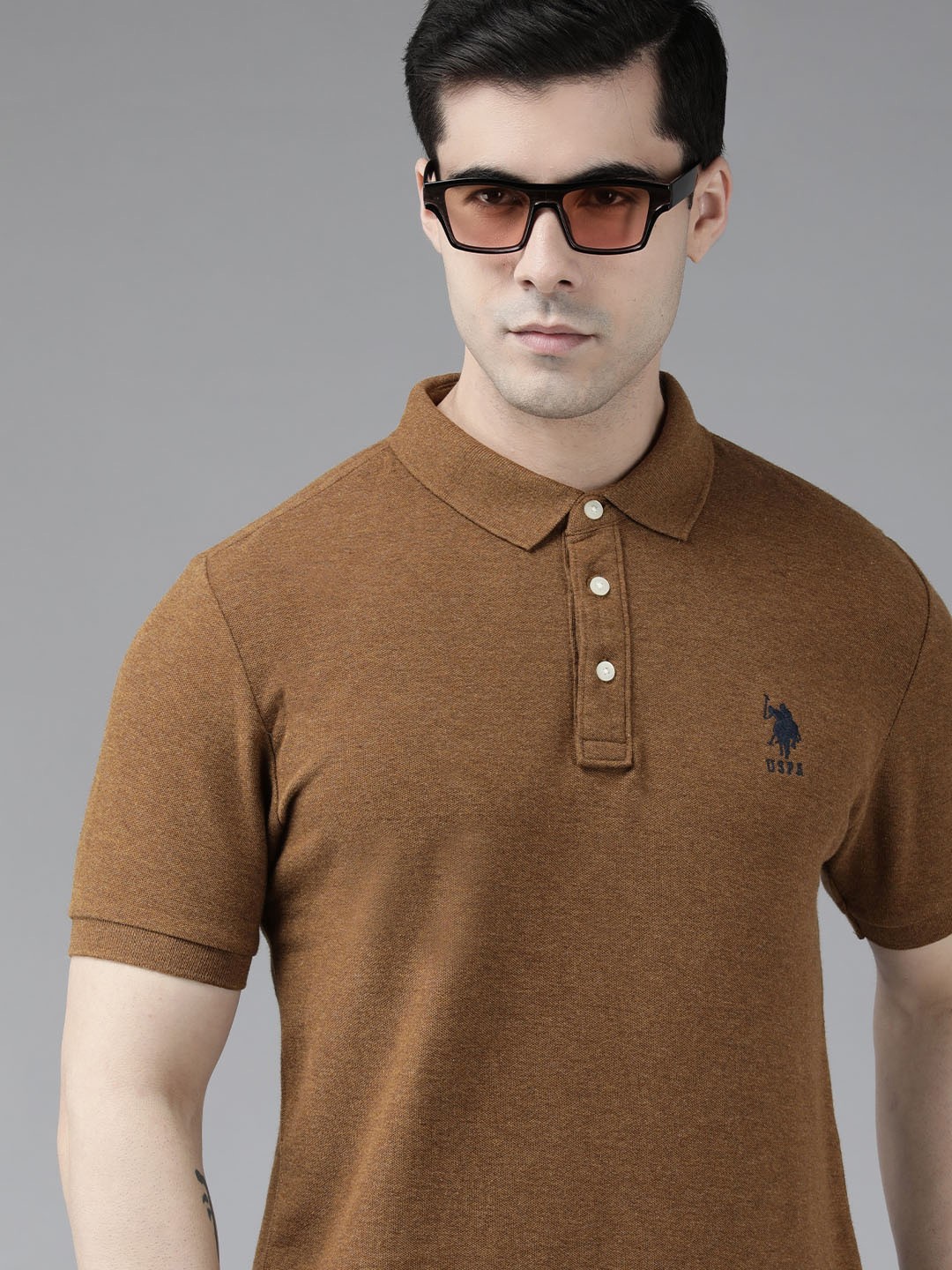 

U S Polo Assn Men Brown Solid Polo Collar Pure Cotton Slim Fit T-shirt
