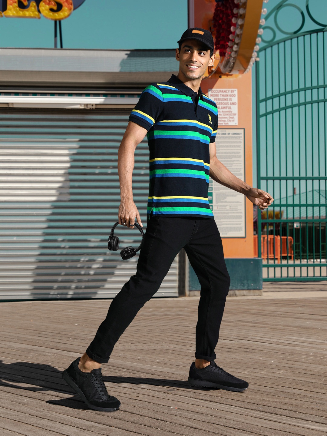 

U S Polo Assn Men Blue & Green Striped Polo Collar Slim Fit T-shirt