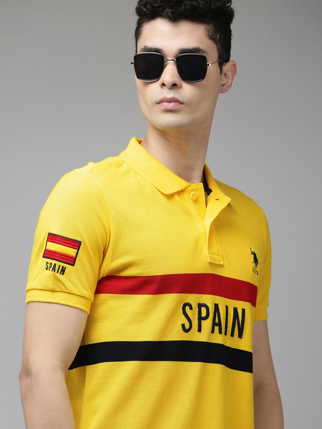 

U S Polo Assn Men Yellow & Red Striped Polo Collar Pure Cotton Slim Fit T-shirt