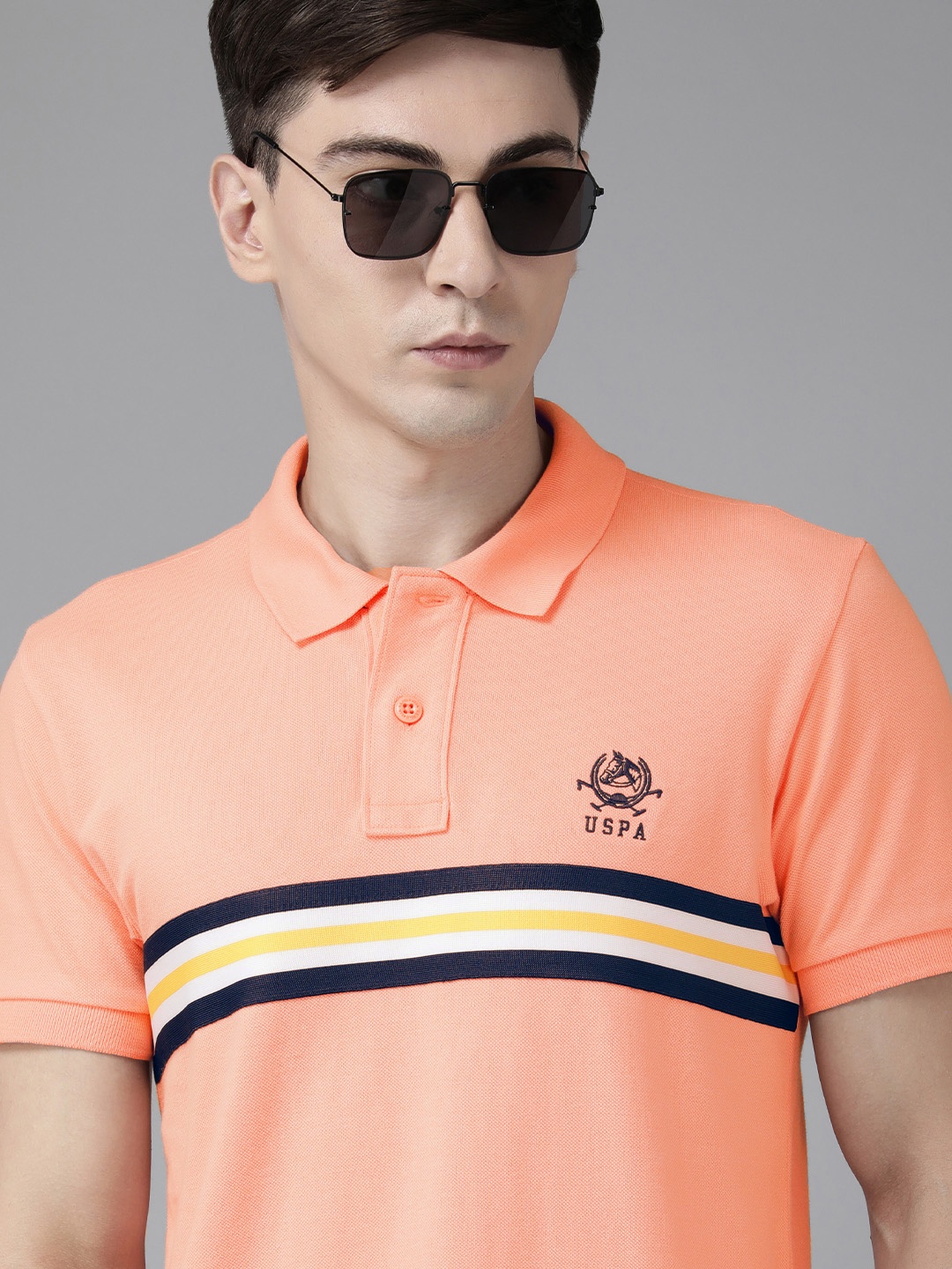 

U S Polo Assn Men Peach & Navy Blue Striped Polo Collar Pure Cotton Slim Fit T-shirt