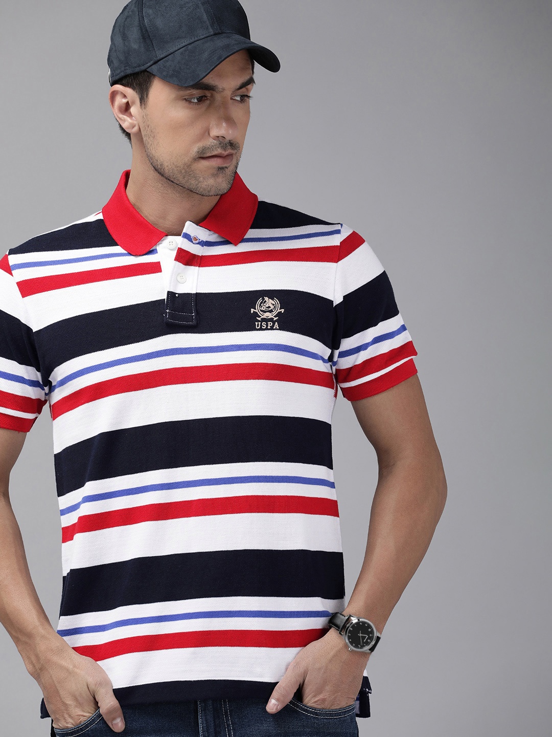 

U S Polo Assn Striped Polo Collar Pure Cotton Slim Fit T-shirt, Red
