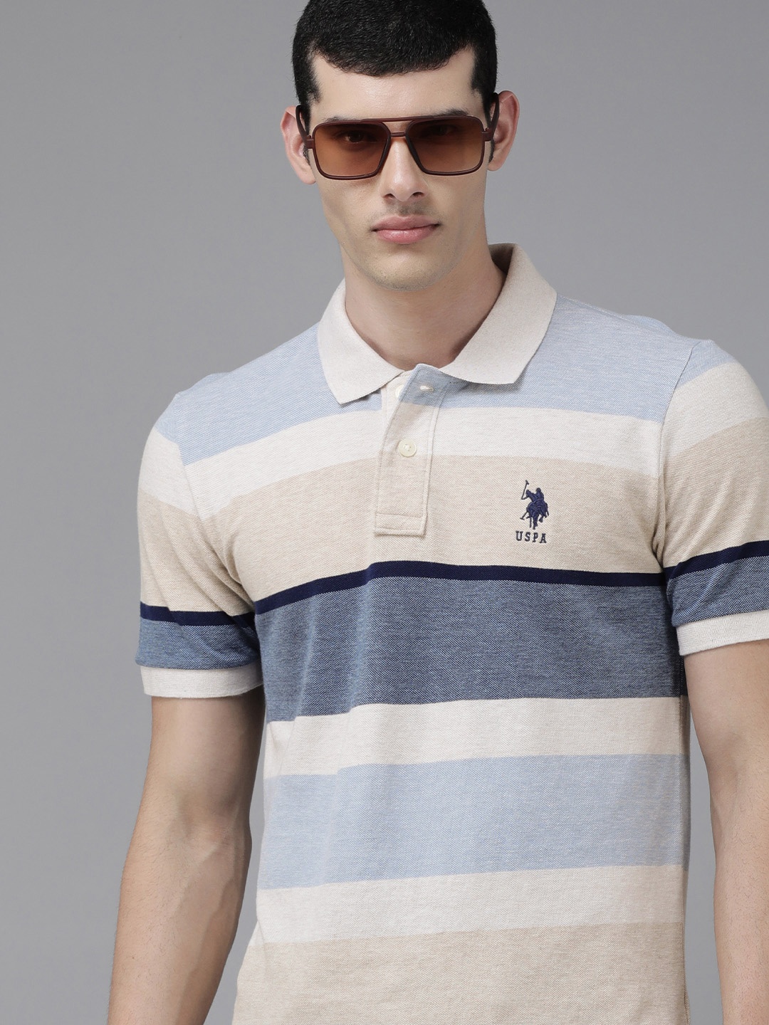 

U S Polo Assn Men Off White Colourblocked Polo Collar Slim Fit Pure Cotton T-shirt