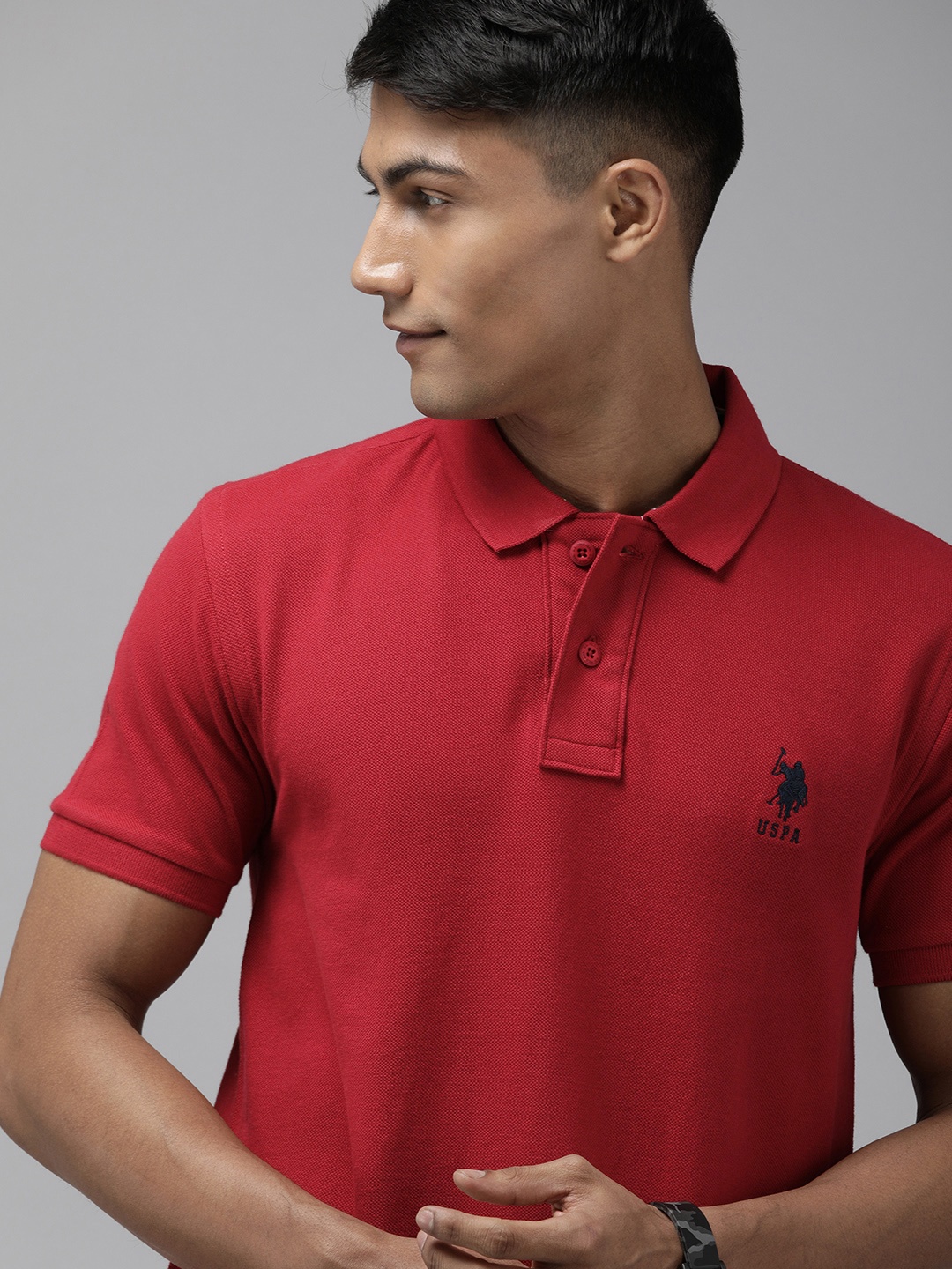 

U S Polo Assn Men Maroon Embroidered Polo Collar Pure Cotton Slim Fit T-shirt