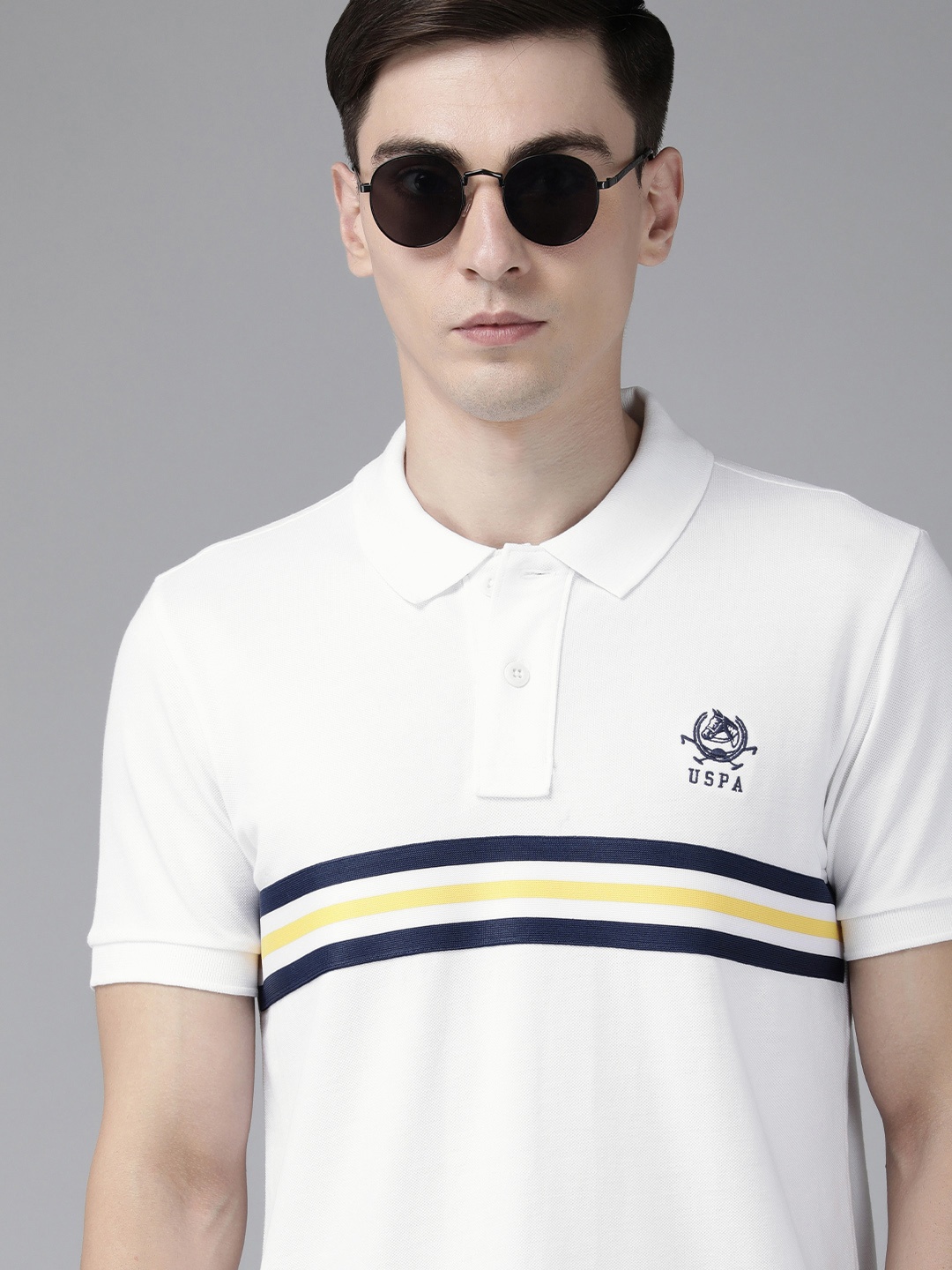 

U S Polo Assn Men White Striped Polo Collar Pure Cotton T-shirt