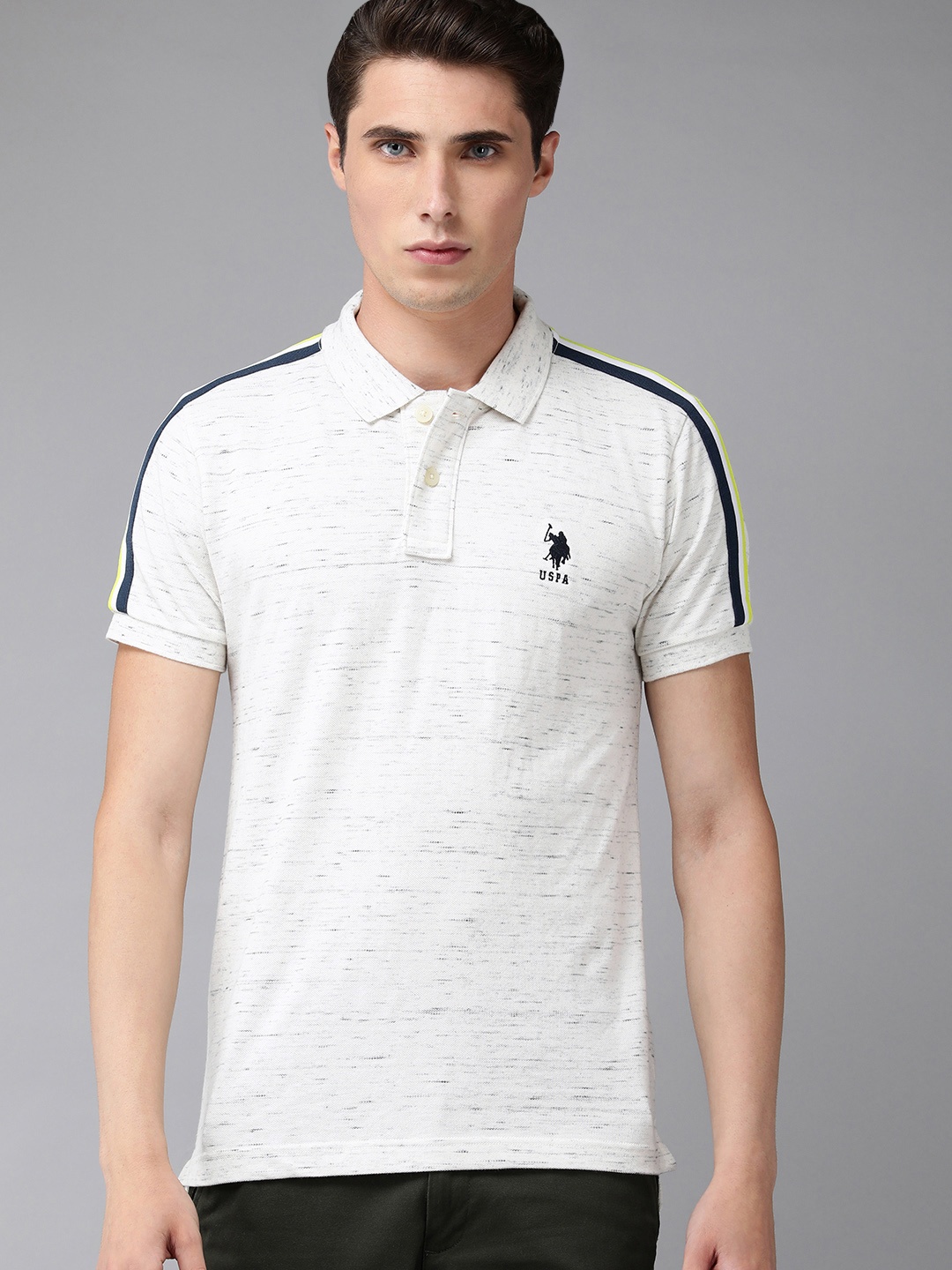 

U S Polo Assn Men Grey Melange Side Striped Polo Collar Slim Fit T-shirt