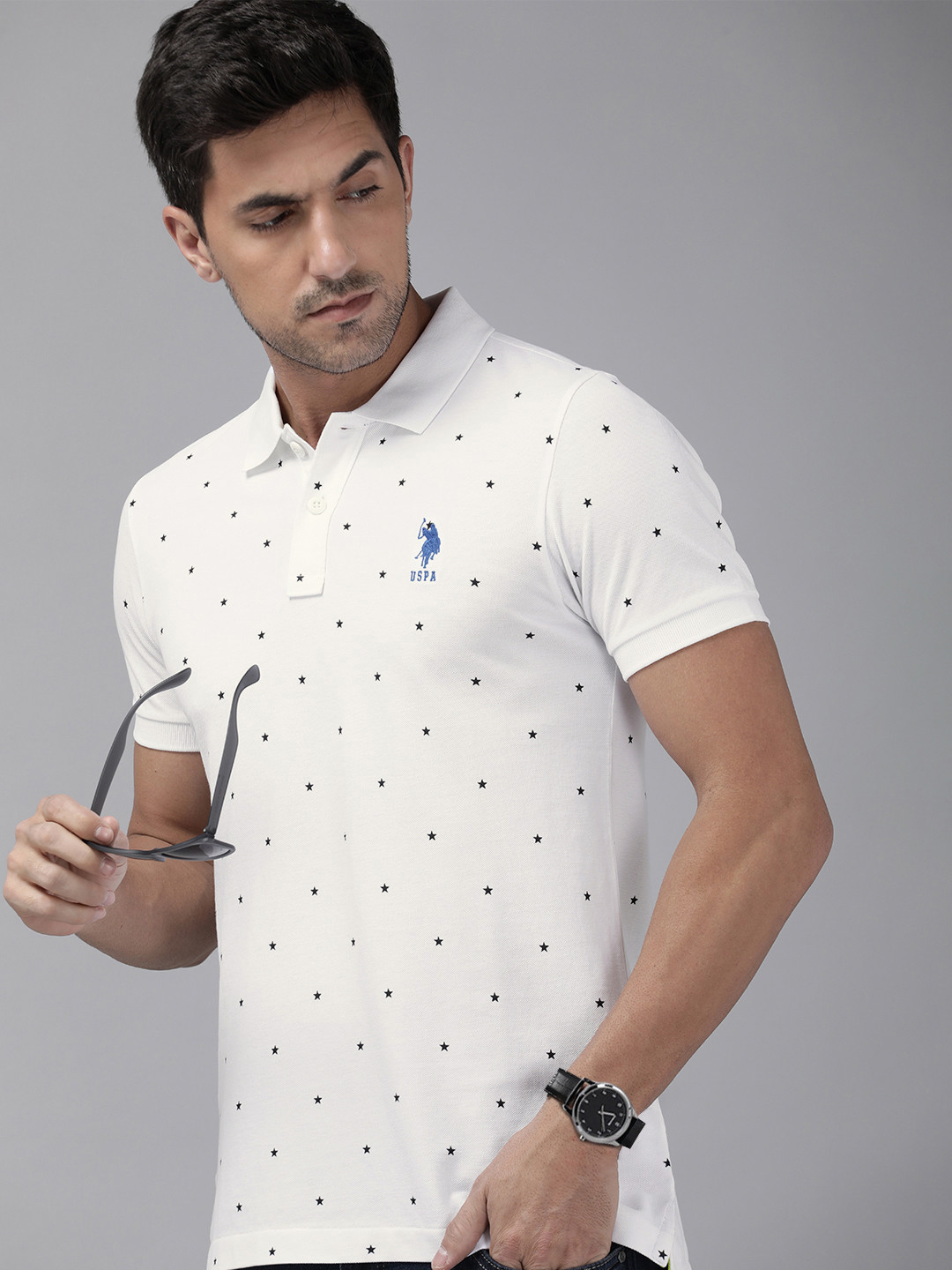 

U.S. Polo Assn. Men Pure Cotton Geometric Printed Polo Collar T-shirt, White