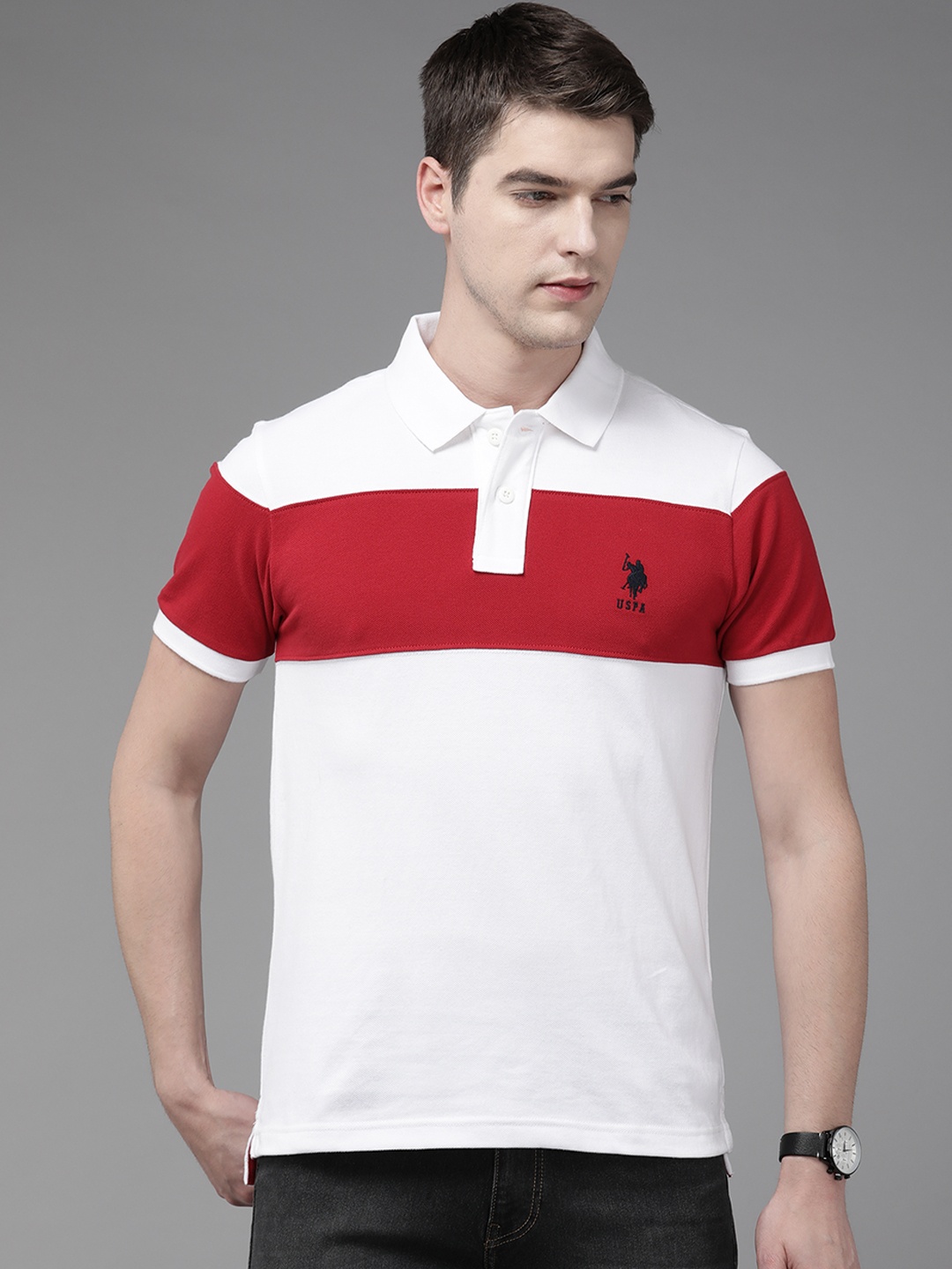 

U S Polo Assn Men White & Red Colourblocked Polo Collar Pure Cotton T-shirt