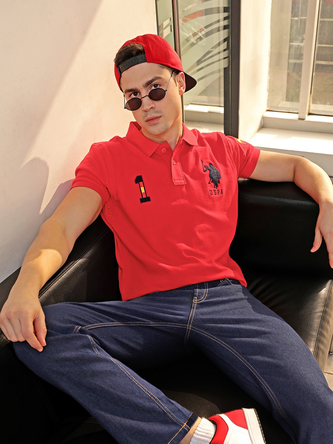 

U S Polo Assn Men Red Polo Collar Pure Cotton Slim Fit T-shirt with Embroidery