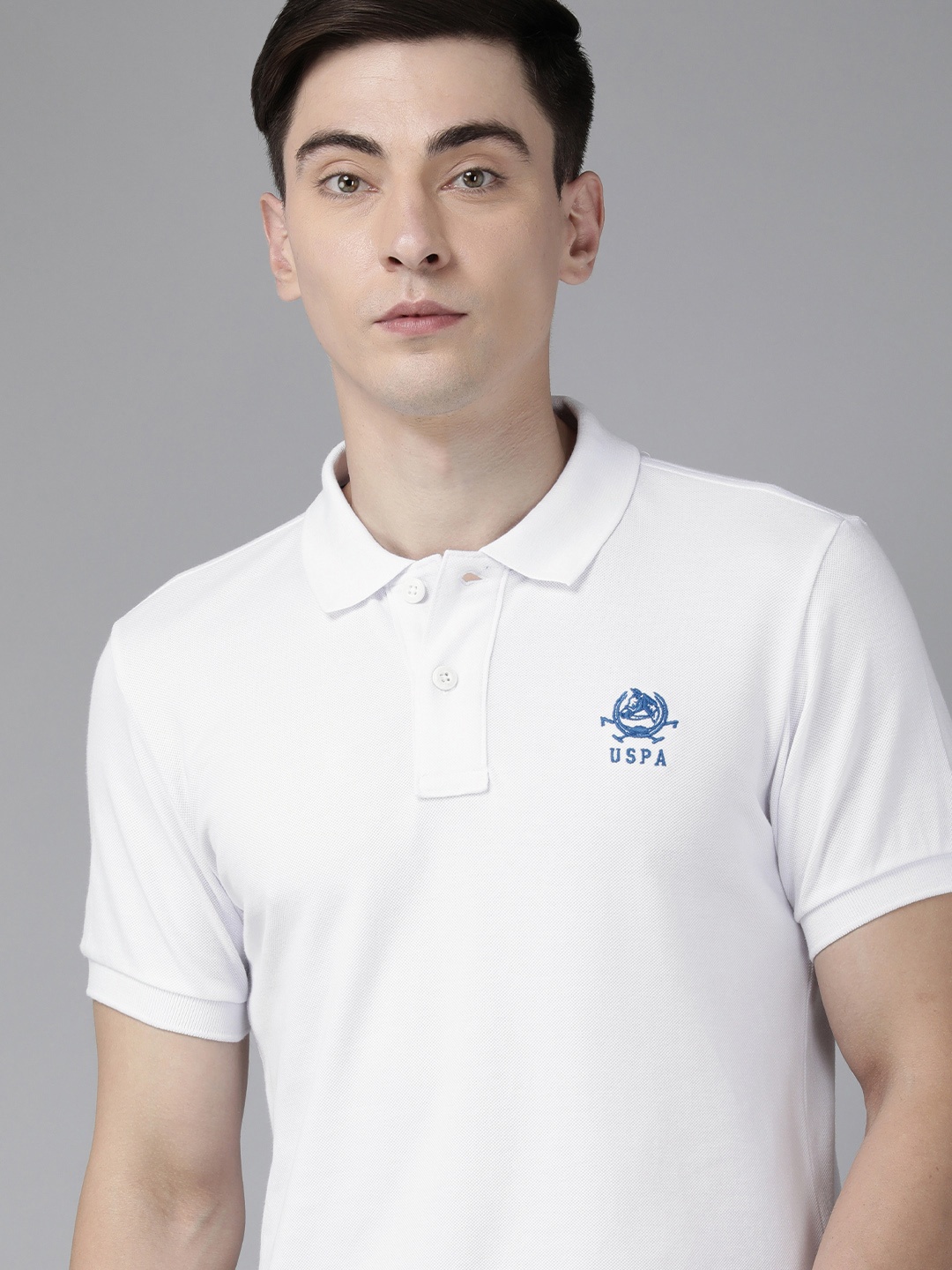 

U S Polo Assn Men White & Blue Brand Logo Embroidered Polo Collar Slim Fit T-shirt
