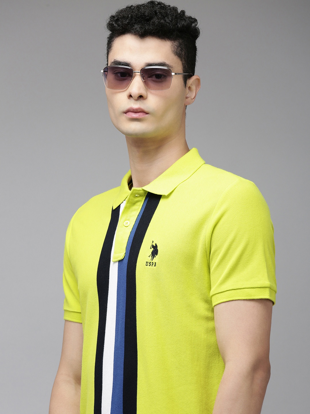 

U S Polo Assn Men Lime Green & Black Striped Polo Collar Pure Cotton Slim Fit T-shirt