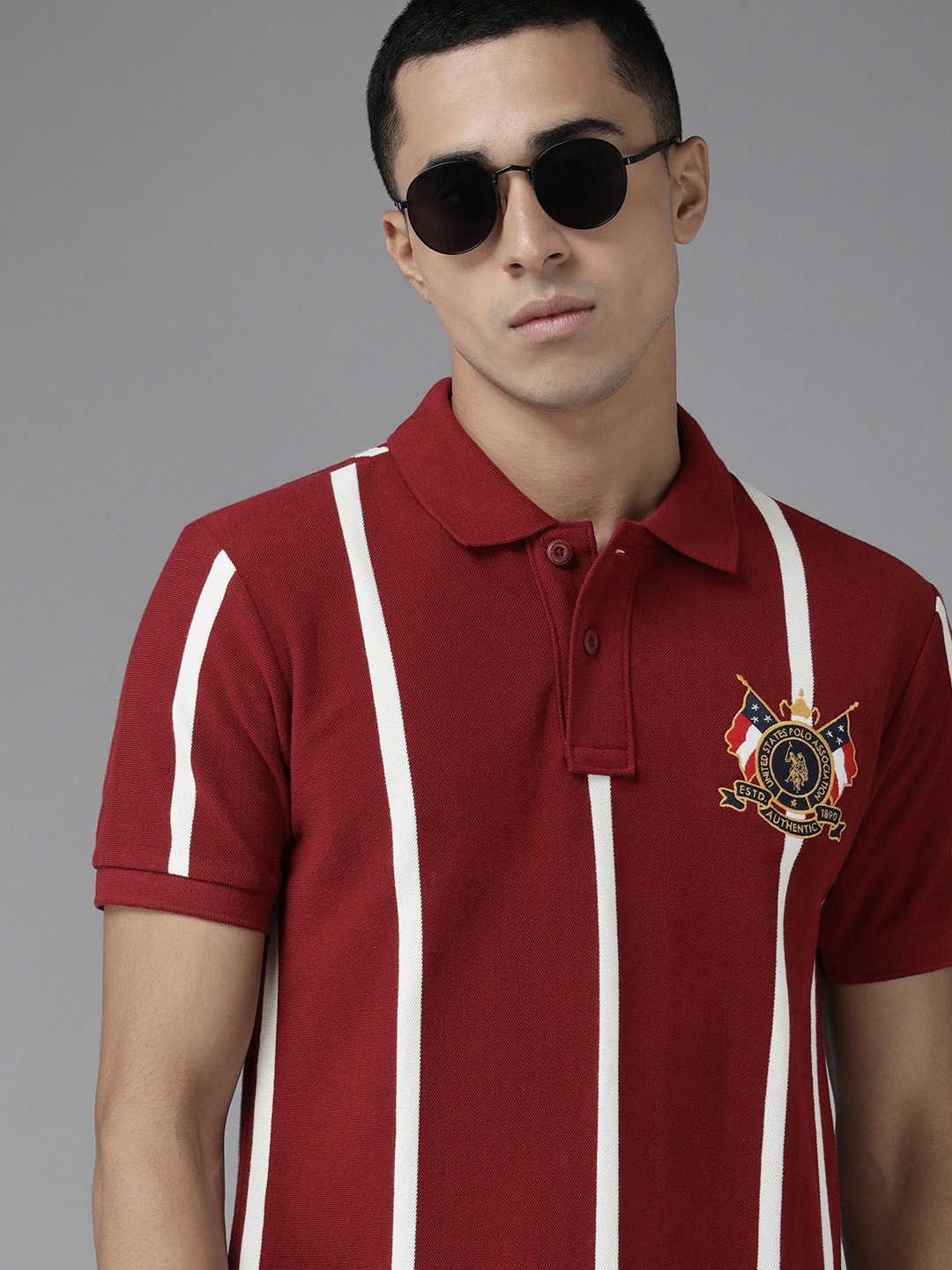 

U S Polo Assn Men Maroon & White Striped Polo Collar Pure Cotton Slim Fit T-shirt