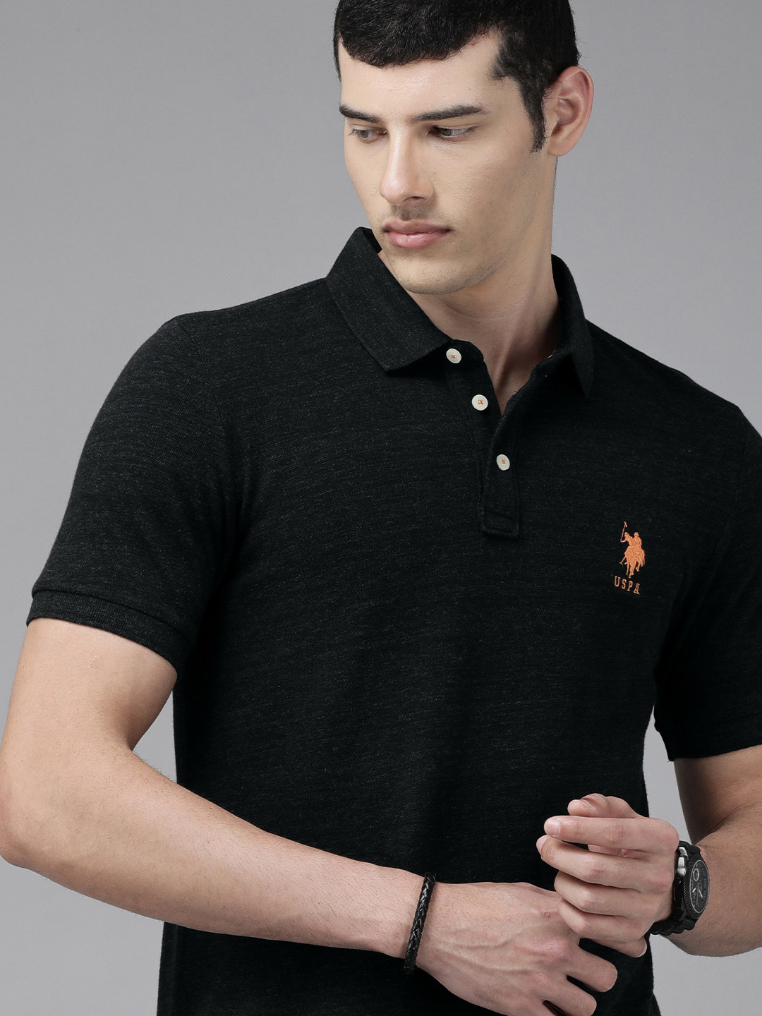 

U S Polo Assn Men Charcoal Polo Collar Slim Fit T-shirt