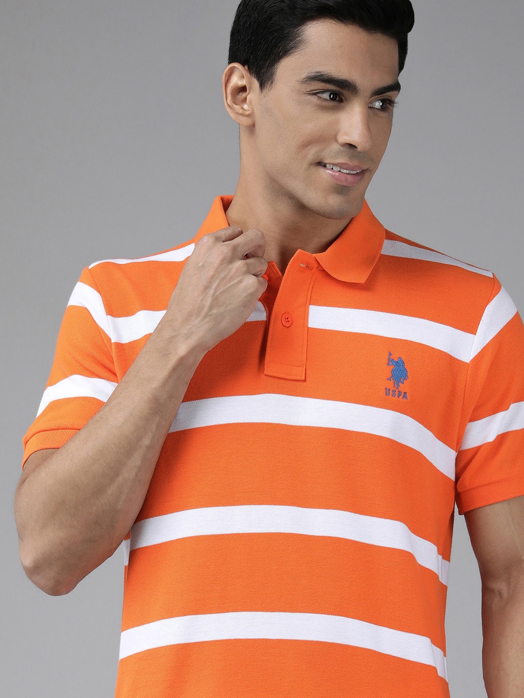 

U S Polo Assn Men Orange & White Striped Polo Collar Pure Cotton Slim Fit T-shirt
