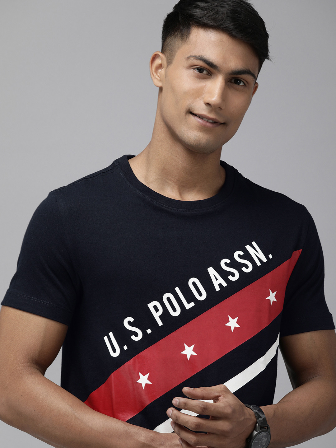 

U S Polo Assn Men Navy Blue & Red Brand Logo Printed Pure Cotton Slim Fit T-shirt