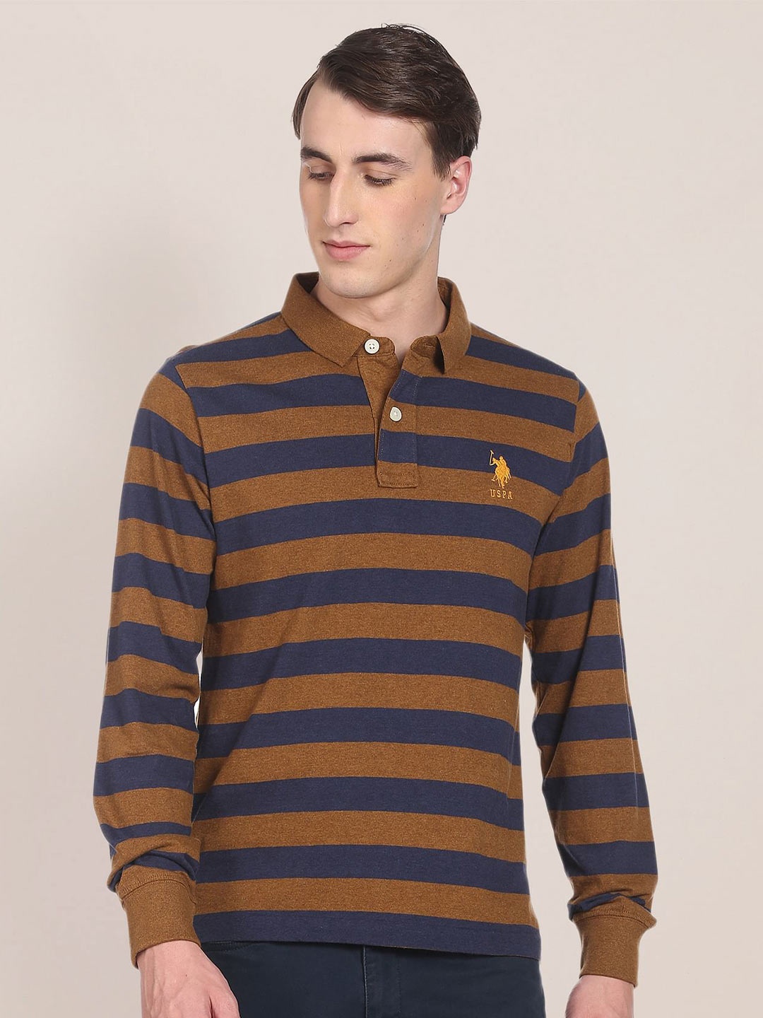 

U S Polo Assn Men Brown & Navy Blue Striped Polo Collar Slim Fit T-shirt