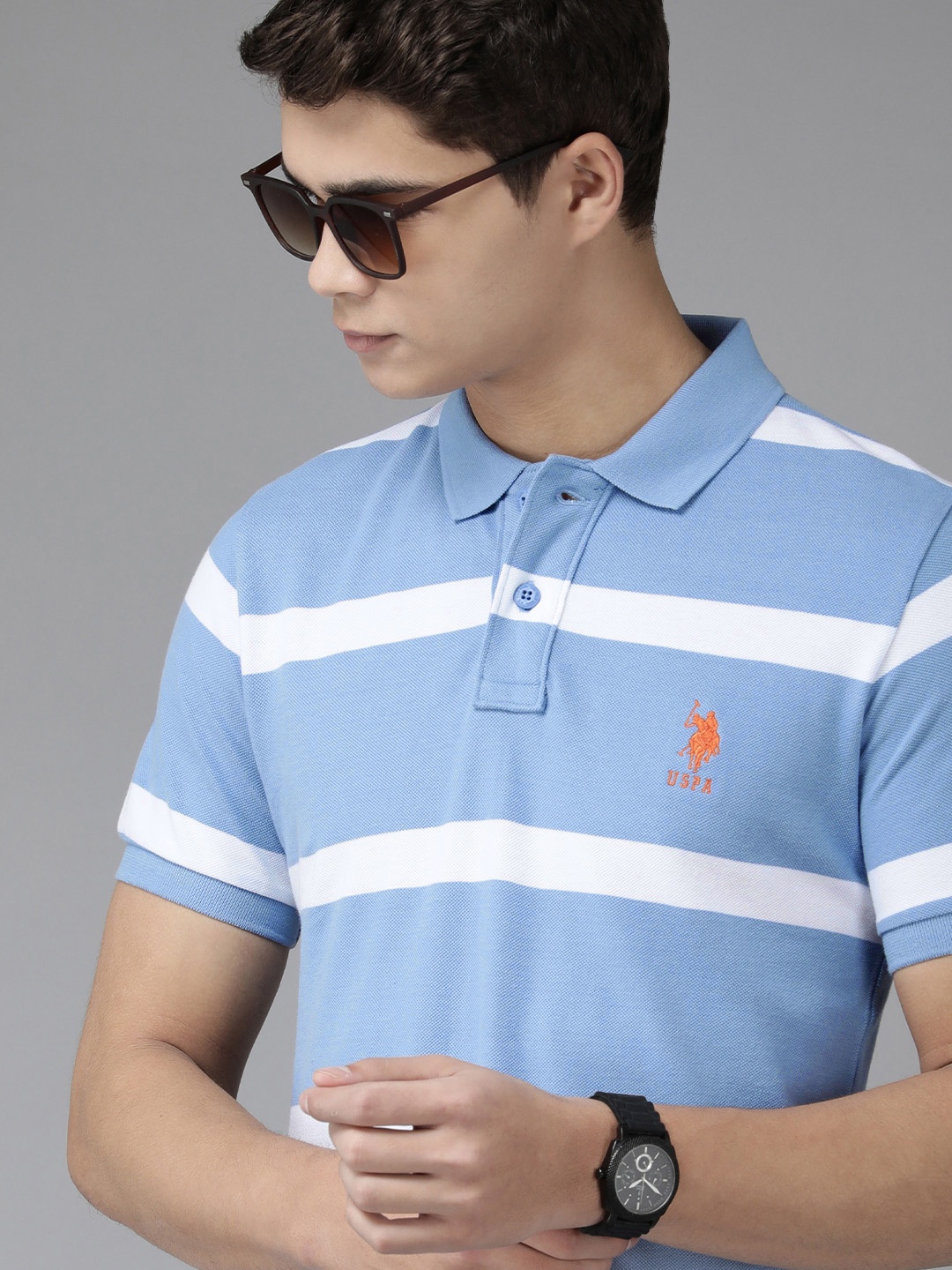 

U.S. Polo Assn. Men Blue & White Striped Polo Collar Pure Cotton Slim Fit T-shirt