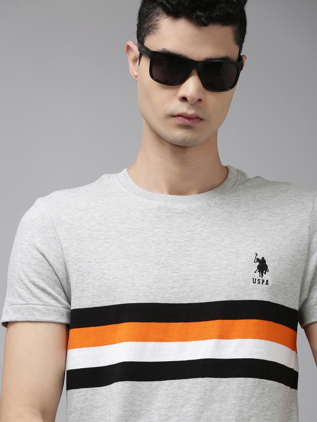 

U S Polo Assn Men Grey & Black Striped Slim Fit T-shirt