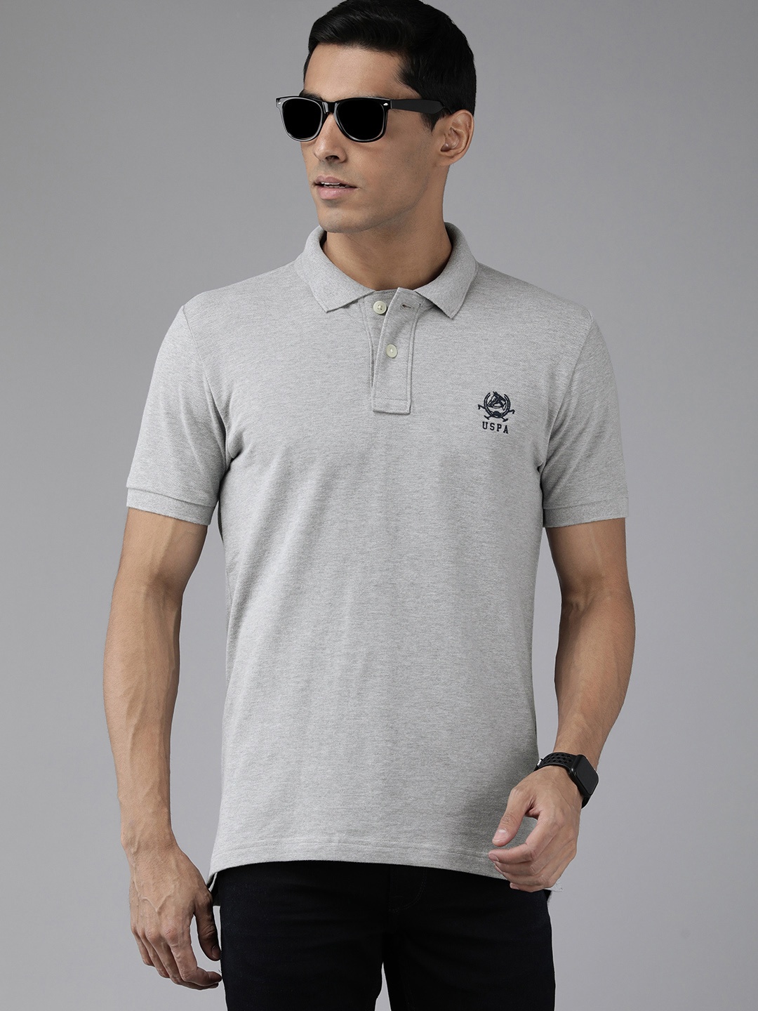 

U S Polo Assn Men Grey Brand Logo Printed Pure Cotton Polo Collar Slim Fit T-shirt