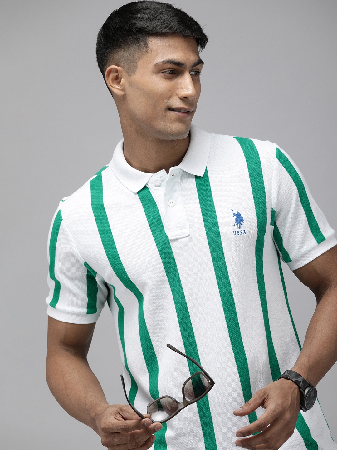 

U S Polo Assn Men White & Green Striped Pure Cotton Polo Collar Slim Fit T-shirt
