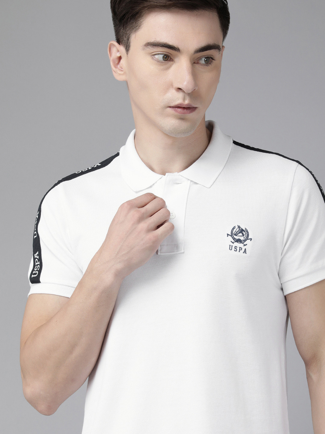

U S Polo Assn Men White Embroidered Pure Cotton Slim Fit Polo T-shirt With Side Taping