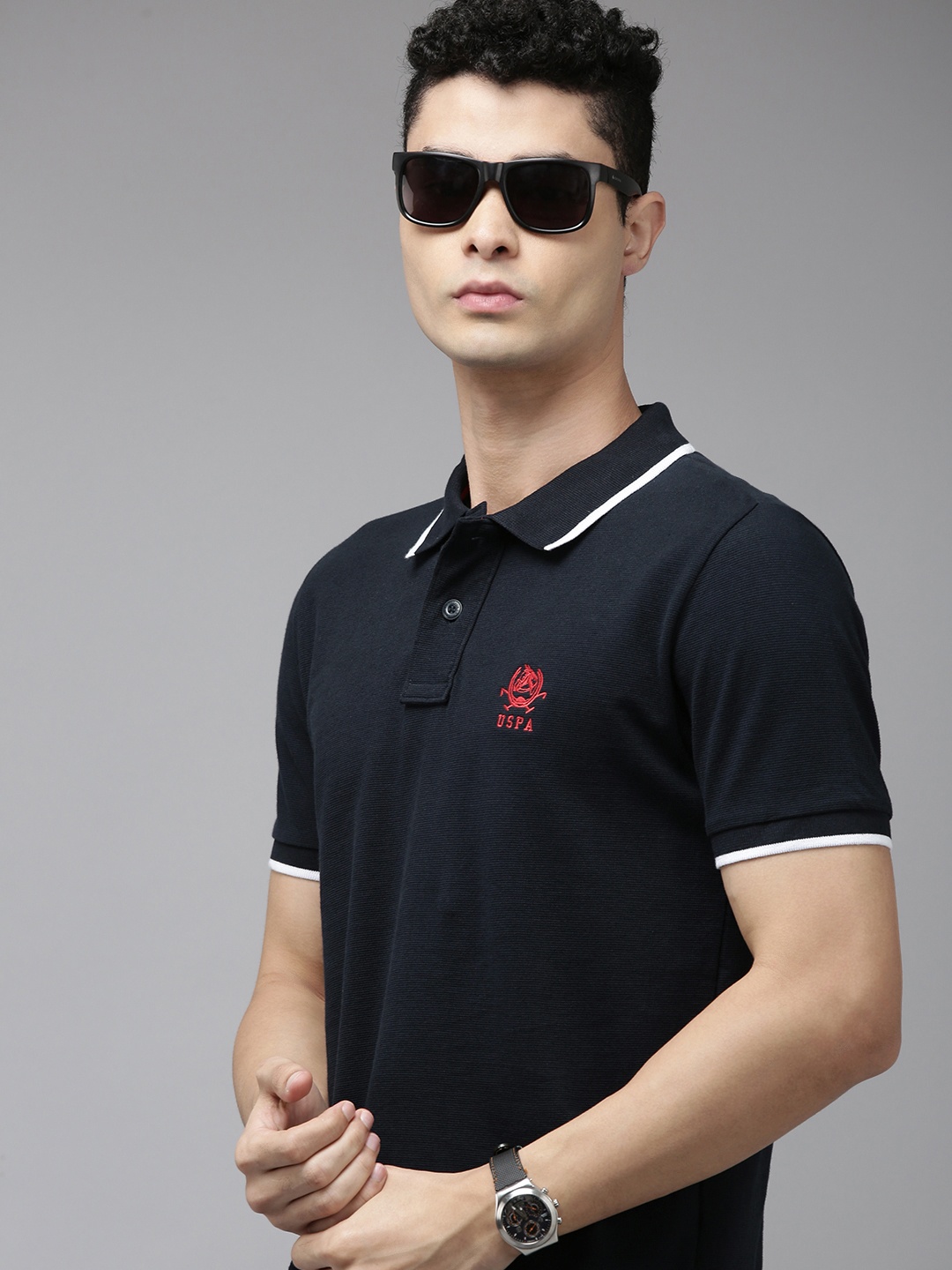 

U.S. Polo Assn. Men Navy Blue Solid Polo Collar Pure Cotton Slim Fit T-shirt