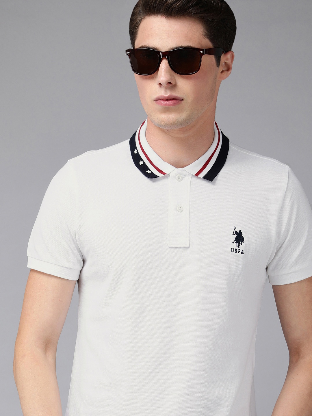 

U S Polo Assn Men White Brand Logo Embroidered Polo Collar Pure Cotton Slim Fit T-shirt