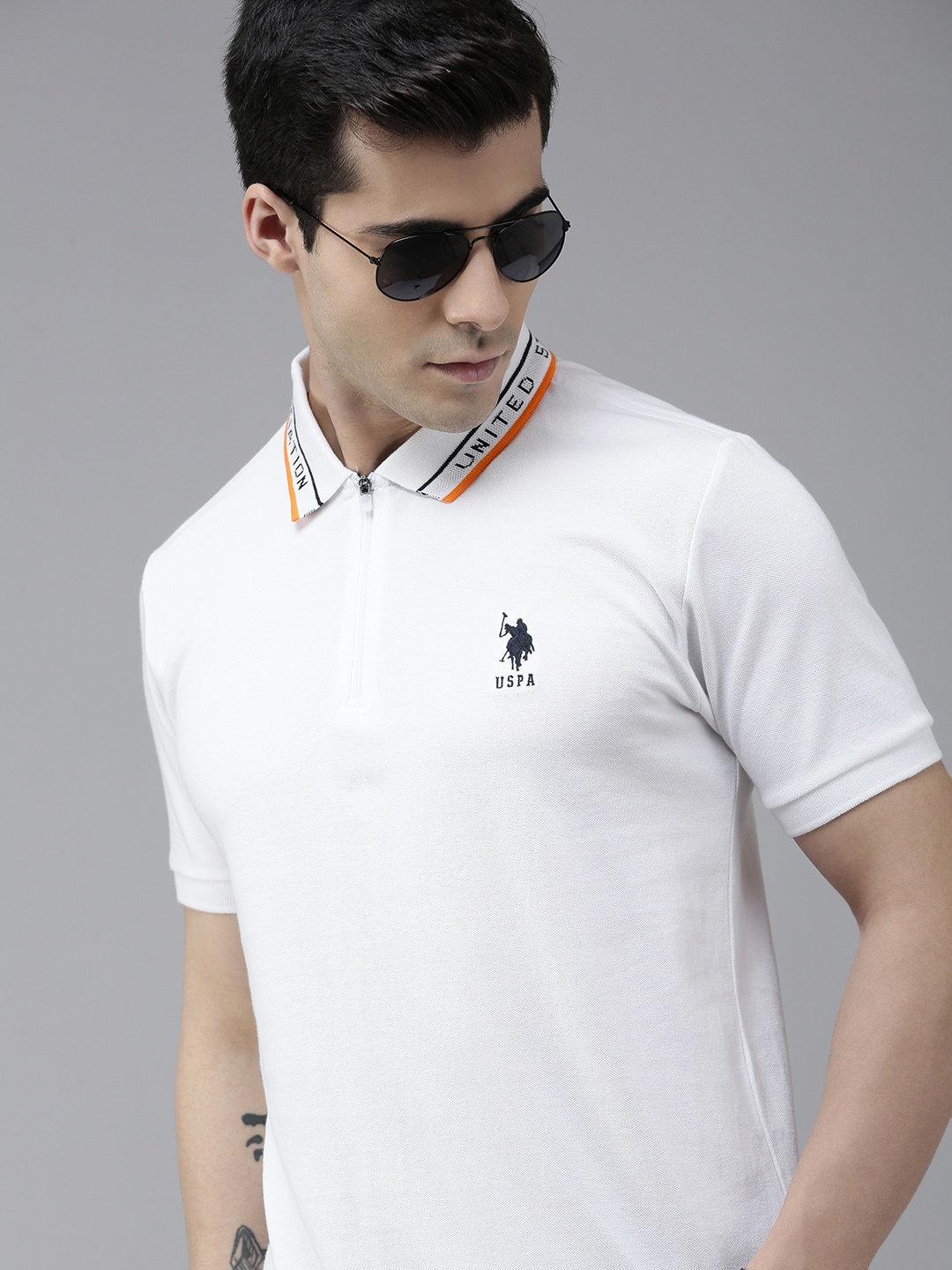 

U S Polo Assn Men White Print Detail Polo Collar Pure Cotton Slim Fit T-shirt
