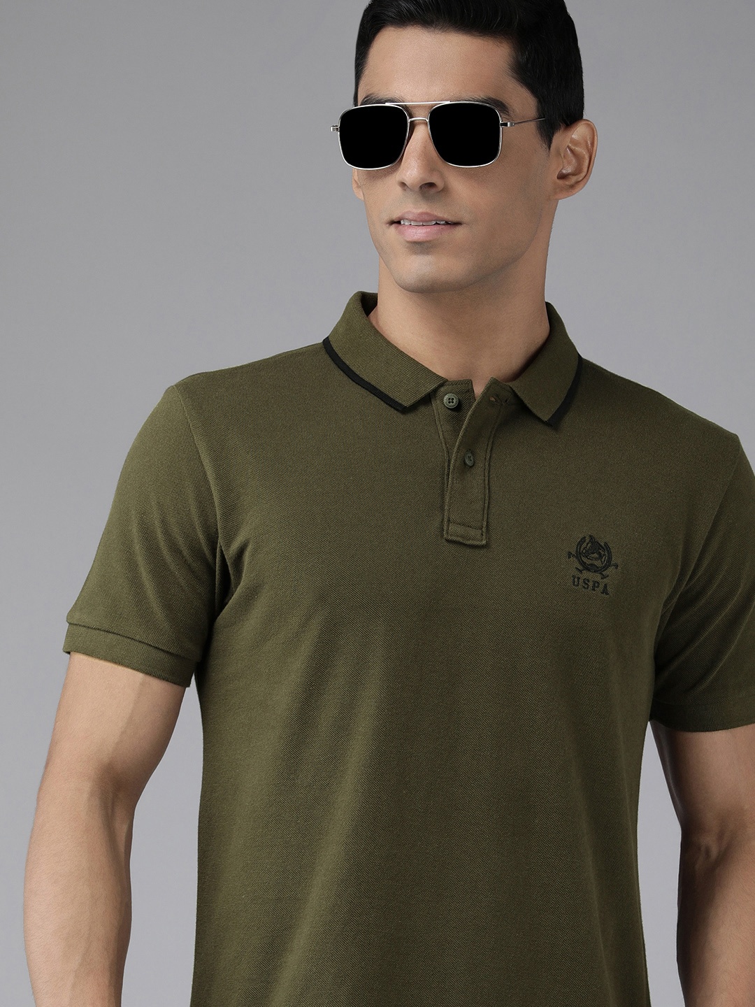 

U S Polo Assn Men Olive Green Polo Collar Pure Cotton Slim Fit T-shirt