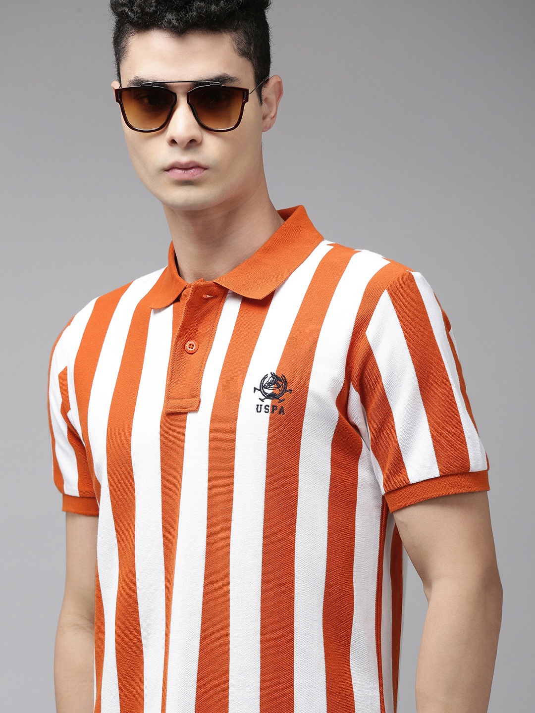 

U.S. Polo Assn. Men Orange & White Printed Polo Collar Pure Cotton Slim Fit T-shirt