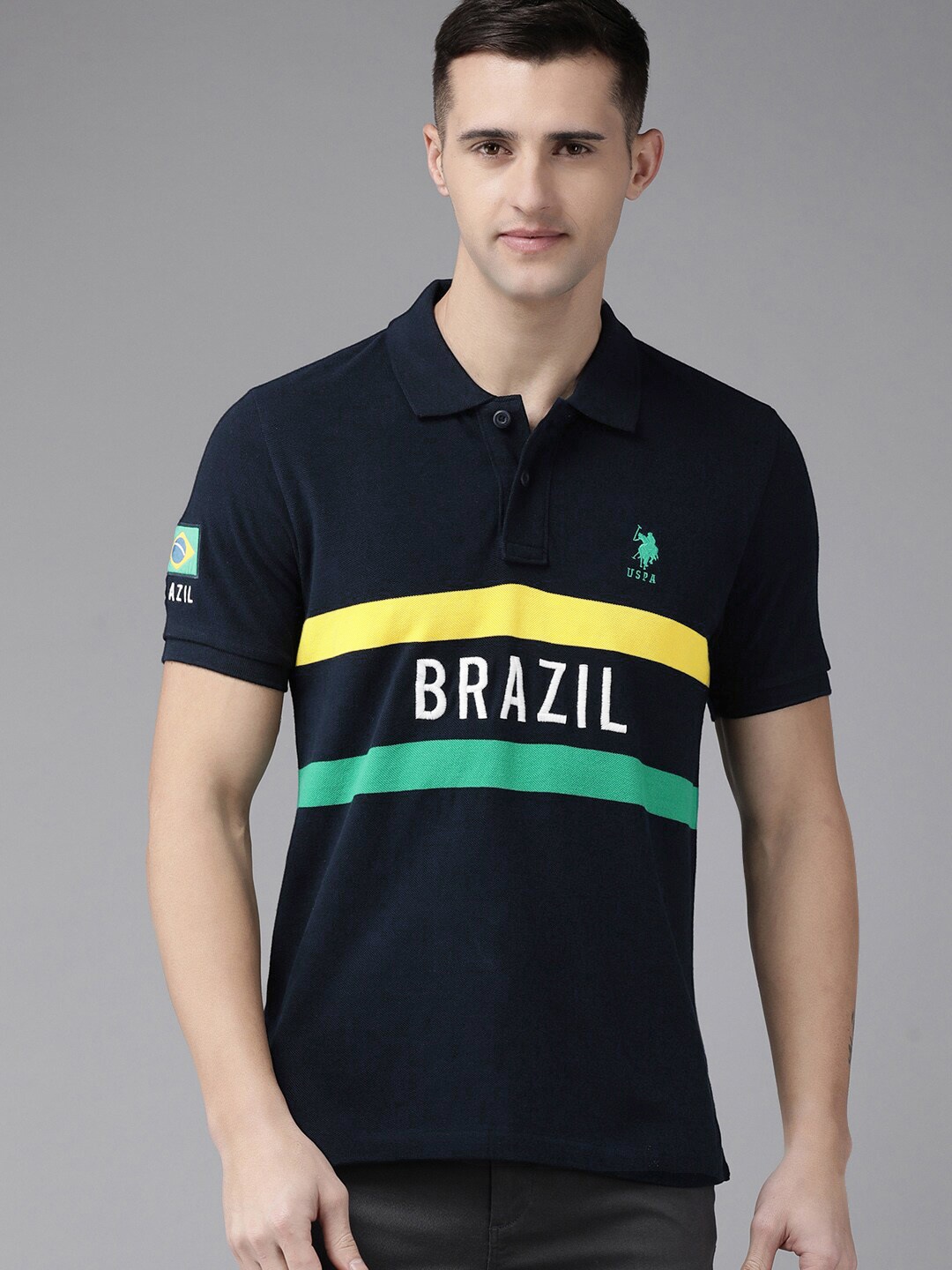 

U.S. Polo Assn. Men Navy Blue & White Striped Polo Collar T-shirt