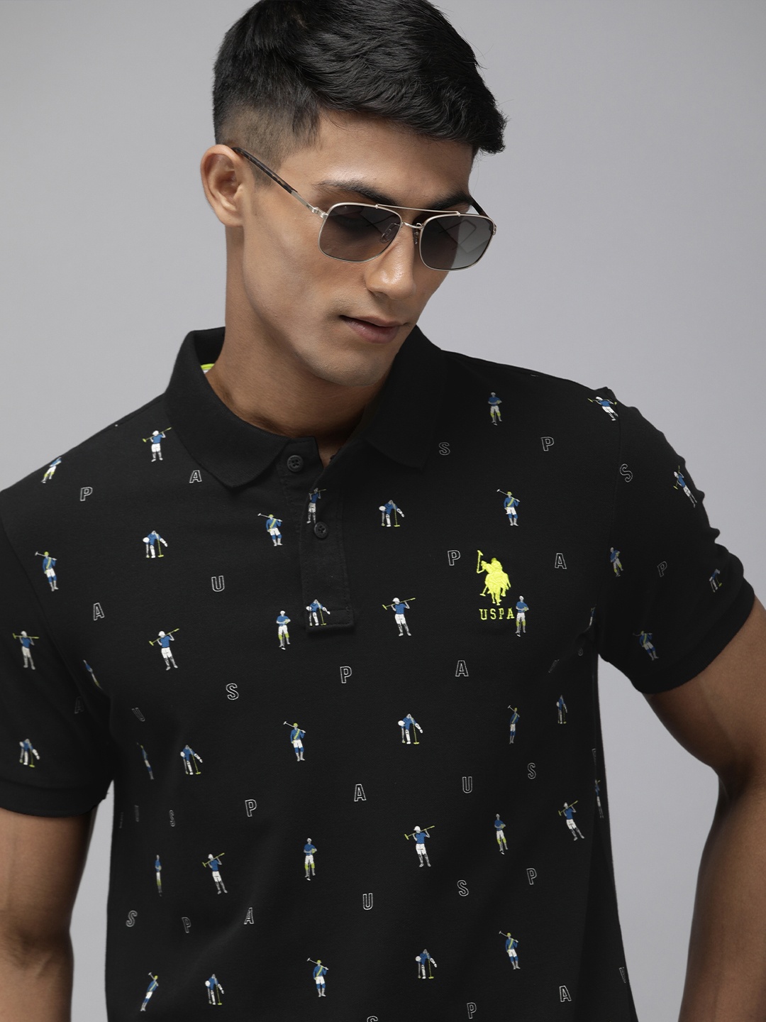 

U S Polo Assn Men Black Graphic Printed Polo Collar Pure Cotton Slim Fit T-shirt