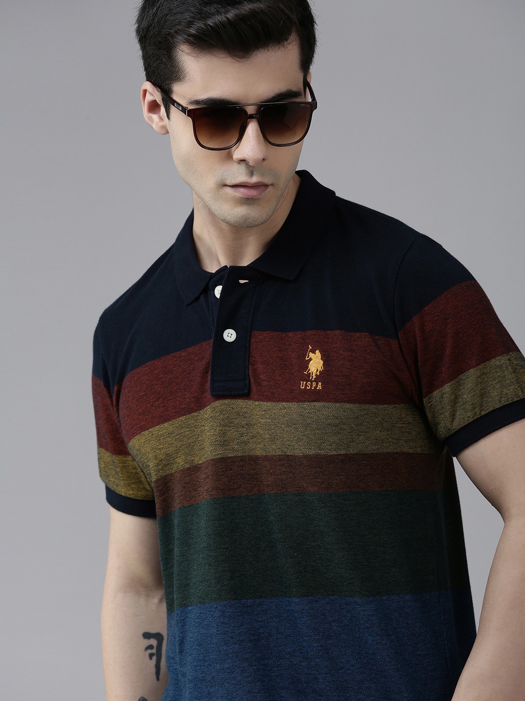 

U S Polo Assn Men Blue & Maroon Colourblocked Polo Collar Pure Cotton Slim Fit T-shirt