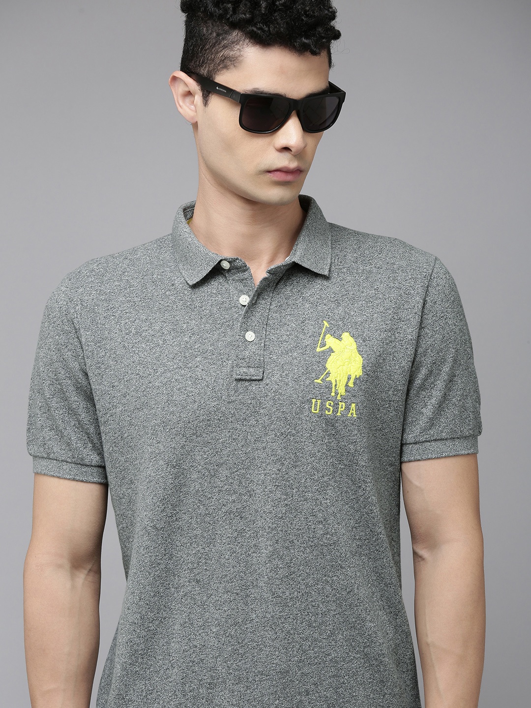 

U S Polo Assn Men Grey Polo Collar Slim Fit Pure Cotton T-shirt