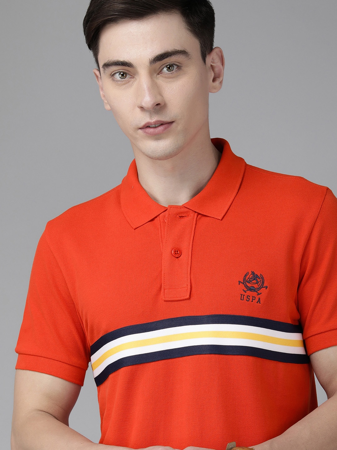 

U S Polo Assn Men Red & Black Striped Polo Collar Pure Cotton Slim Fit T-shirt