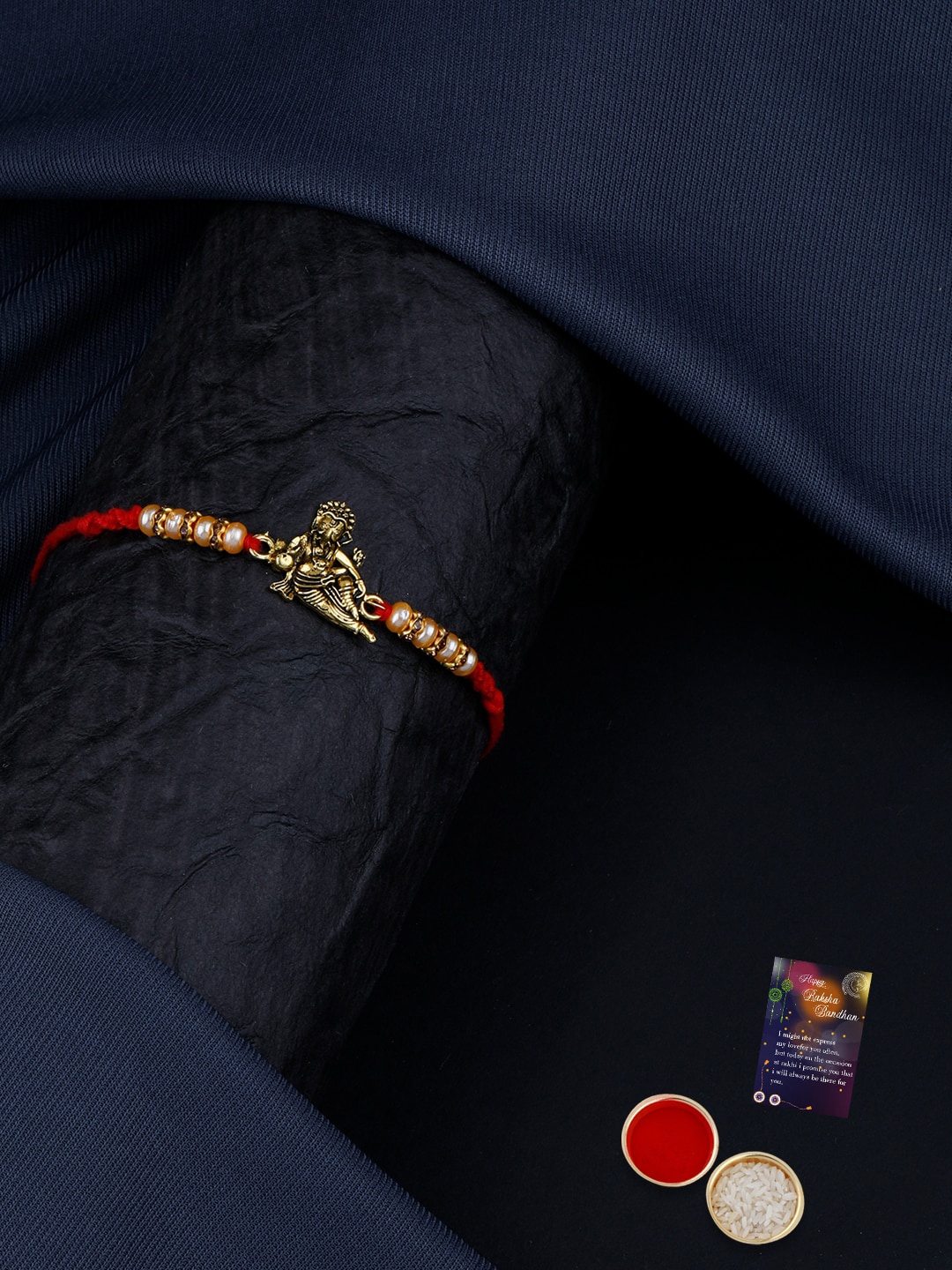 

Silver Shine Beaded Rakhi with Roli Chawal & Greeting Card, Red