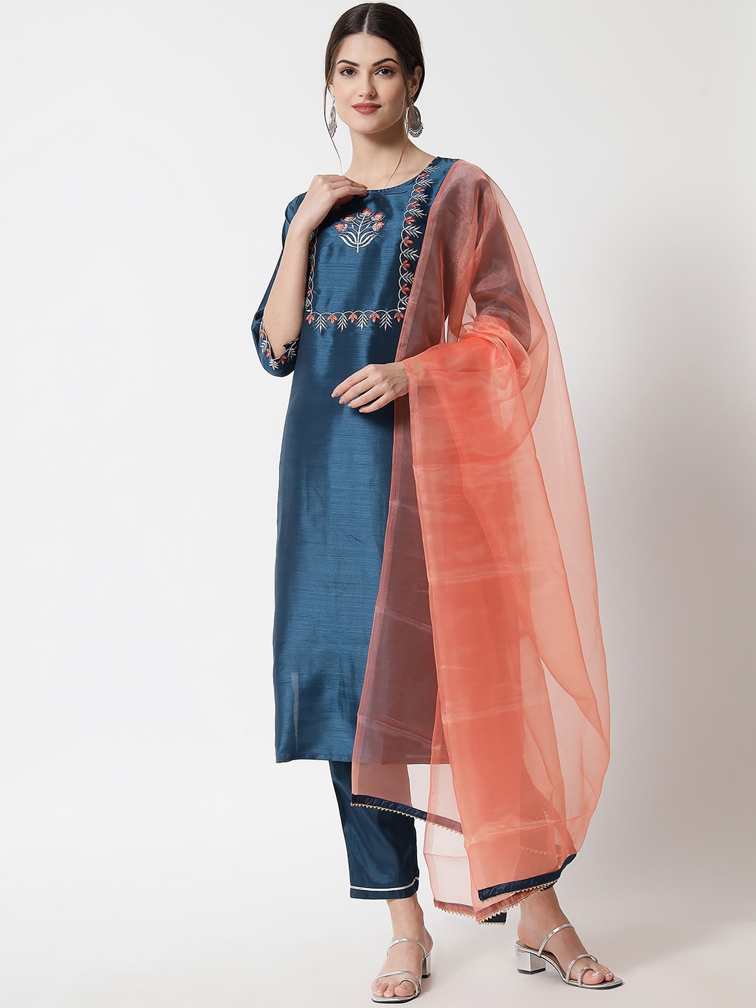 

VredeVogel Women Blue Yoke Design Thread Work Kurta with Trousers & With Dupatta