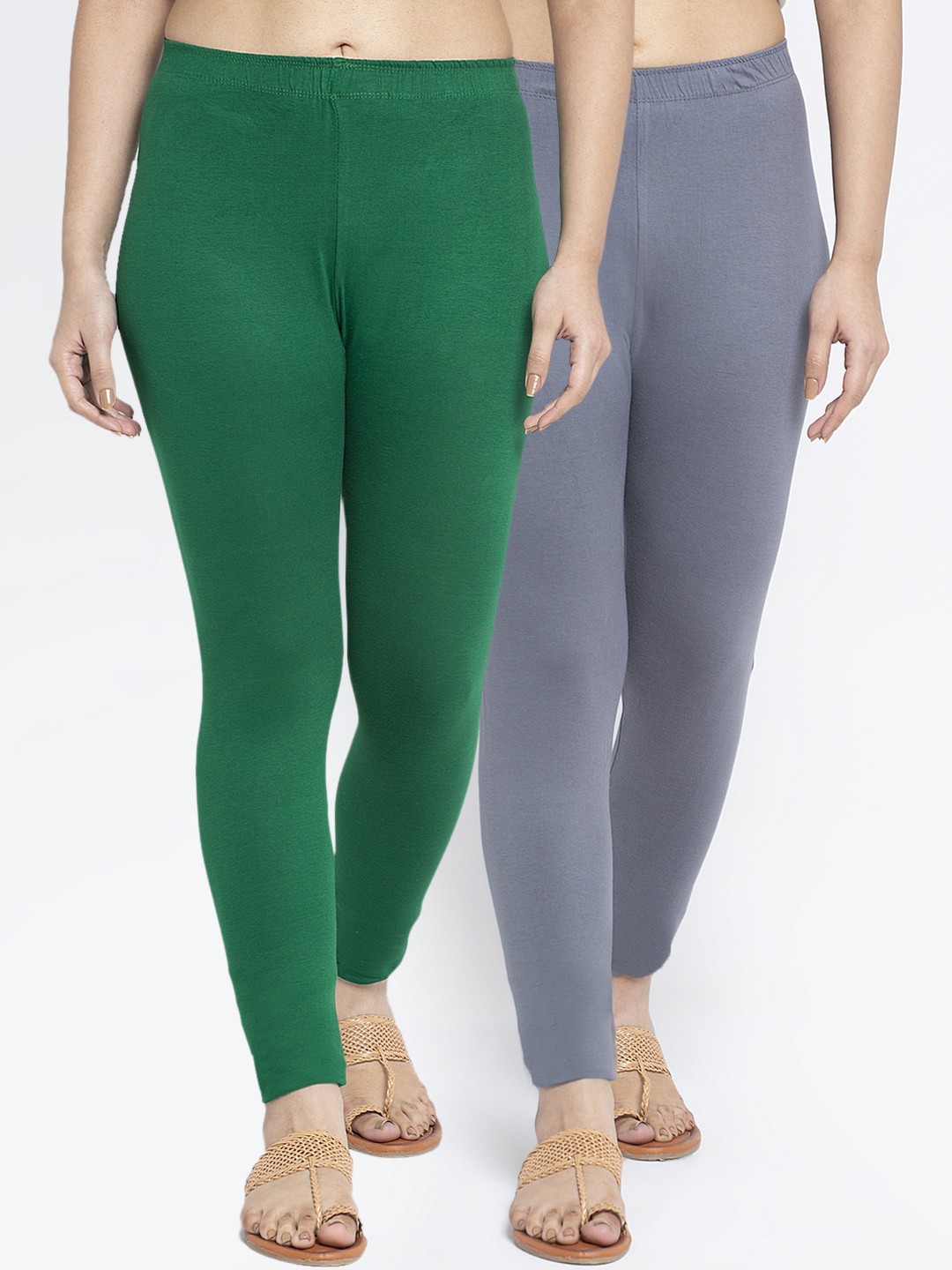 

Jinfo Women Pack Of 2 Grey & Green Solid Ankle Length Leggings