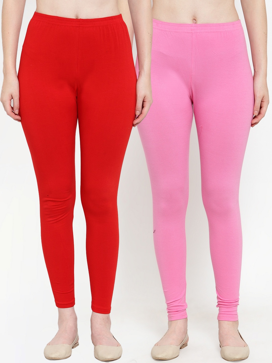 

Jinfo Women Red and Pink Pack Of 2 Solid Pure Cotton Leggings