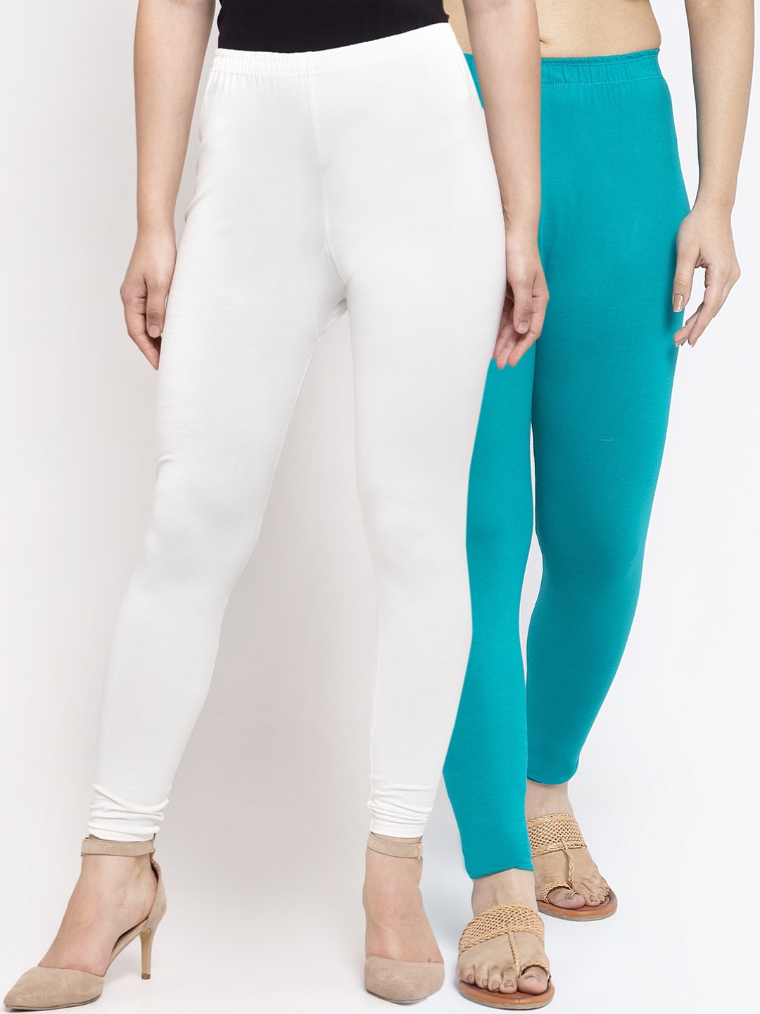 

Jinfo Women Pack Of 2 White & Blue Solid Ankle Length Leggings