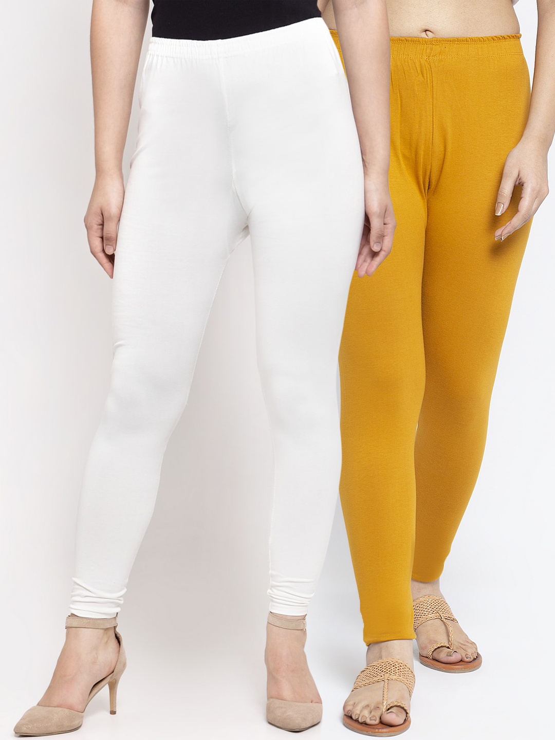 

Jinfo Women Pack Of 2 White & Mustard Yellow Cotton Lycra Legging