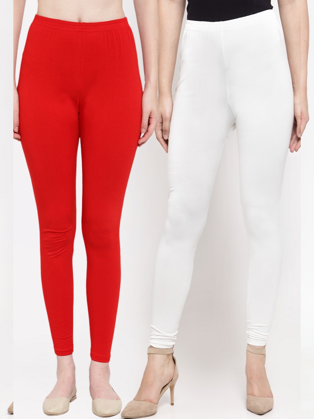 

Jinfo Women Pack Of 2 Solid White & Red Leggings